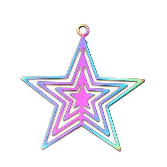 Imagen de Acero Inoxidable Filigrana Estampación Colgantes Charms Estrellas de cinco puntos AB Multicolor Revestimiento 23mm x 22mm, 10 Unidades