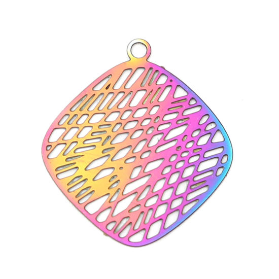 Imagen de Acero Inoxidable Filigrana Estampación Colgantes Charms Geométrico AB Multicolor Raya Revestimiento 22mm x 20mm, 10 Unidades