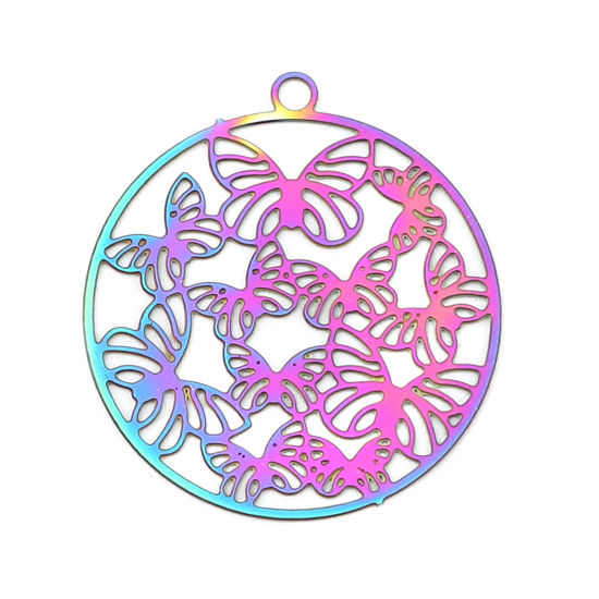 Imagen de Acero Inoxidable Filigrana Estampación Colgantes Charms Ronda AB Multicolor Mariposa Revestimiento 22mm x 20mm, 10 Unidades