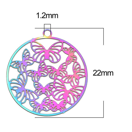 Imagen de Acero Inoxidable Filigrana Estampación Colgantes Charms Ronda AB Multicolor Mariposa Revestimiento 22mm x 20mm, 10 Unidades