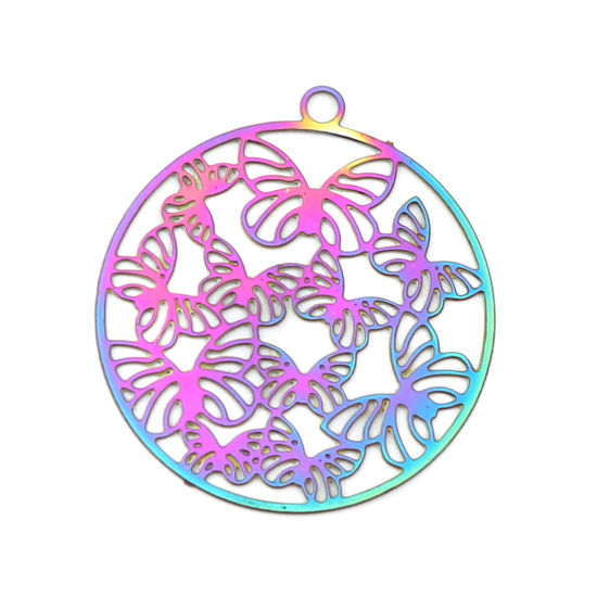 Imagen de Acero Inoxidable Filigrana Estampación Colgantes Charms Ronda AB Multicolor Mariposa Revestimiento 22mm x 20mm, 10 Unidades