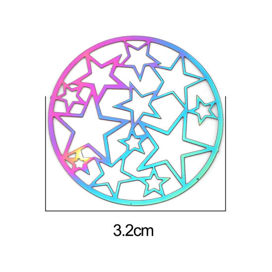 Imagen de Acero Inoxidable Filigrana Estampación Colgantes Ronda AB Multicolor Estrella Revestimiento 32mm Diámetro, 5 Unidades