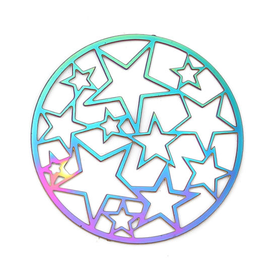 Imagen de Acero Inoxidable Filigrana Estampación Colgantes Ronda AB Multicolor Estrella Revestimiento 32mm Diámetro, 5 Unidades