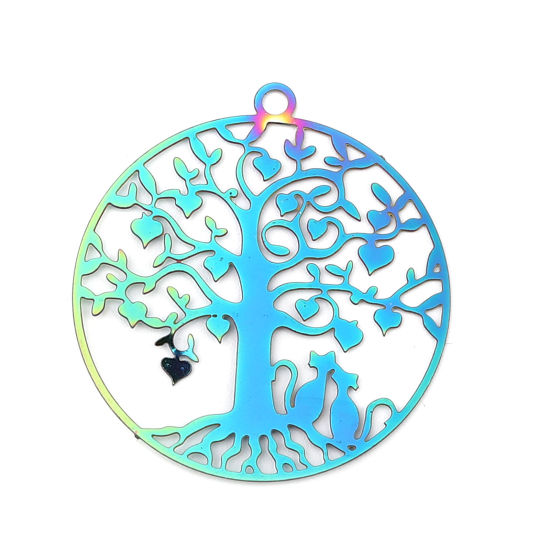 Imagen de Acero Inoxidable Filigrana Estampación Colgantes Ronda AB Multicolor Árbol de la Vida Revestimiento 33mm x 31mm, 10 Unidades