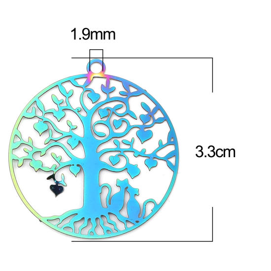 Imagen de Acero Inoxidable Filigrana Estampación Colgantes Ronda AB Multicolor Árbol de la Vida Revestimiento 33mm x 31mm, 10 Unidades