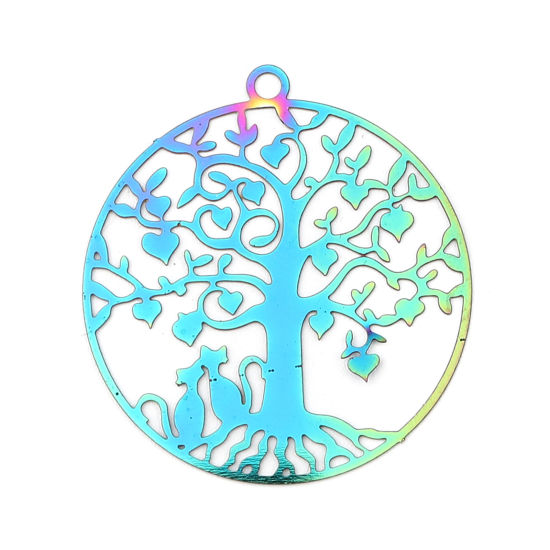 Imagen de Acero Inoxidable Filigrana Estampación Colgantes Ronda AB Multicolor Árbol de la Vida Revestimiento 33mm x 31mm, 10 Unidades