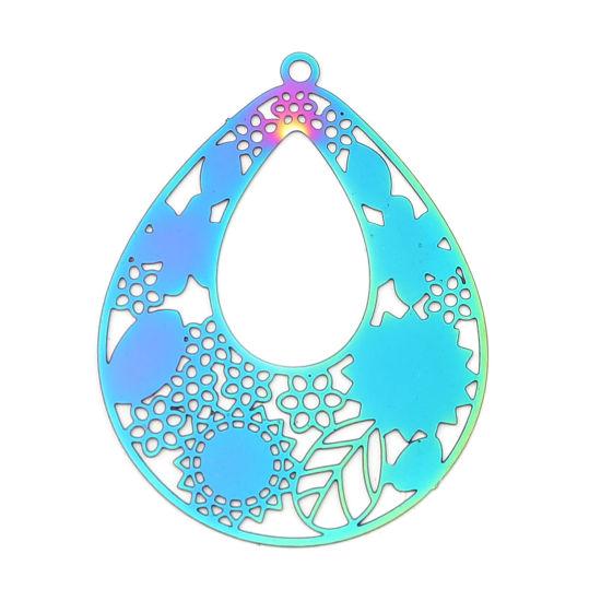Imagen de Acero Inoxidable Filigrana Estampación Colgantes Gota AB Multicolor Flor Hoja Revestimiento 39mm x 30mm, 10 Unidades