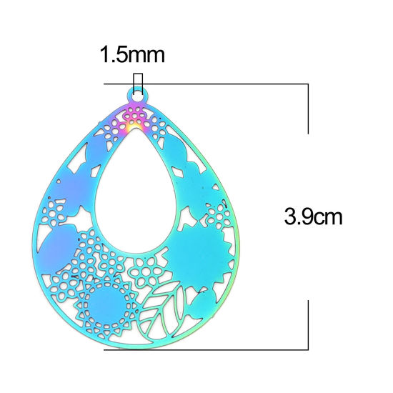 Imagen de Acero Inoxidable Filigrana Estampación Colgantes Gota AB Multicolor Flor Hoja Revestimiento 39mm x 30mm, 10 Unidades