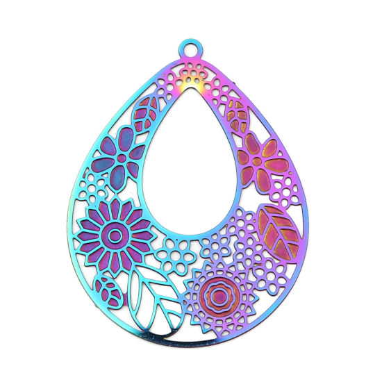 Imagen de Acero Inoxidable Filigrana Estampación Colgantes Gota AB Multicolor Flor Hoja Revestimiento 39mm x 30mm, 10 Unidades