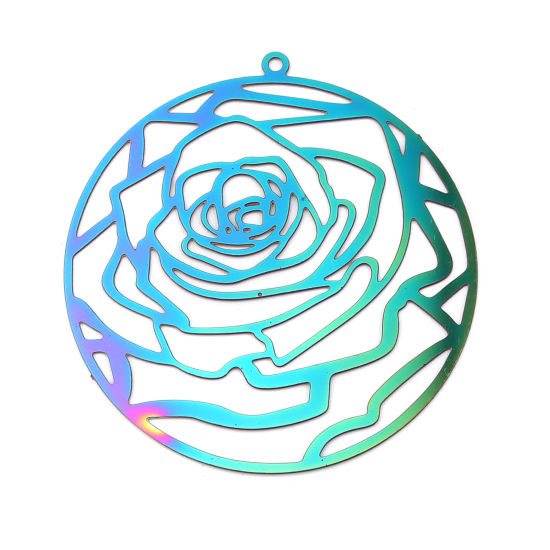 Imagen de Acero Inoxidable Filigrana Estampación Colgantes Ronda AB Multicolor Rosa Revestimiento 47mm x 44mm, 5 Unidades