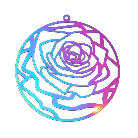 Imagen de Acero Inoxidable Filigrana Estampación Colgantes Ronda AB Multicolor Rosa Revestimiento 47mm x 44mm, 5 Unidades