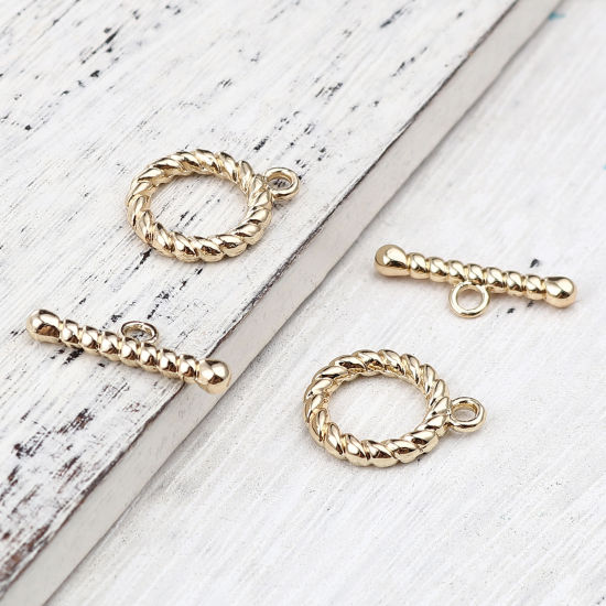 Picture of 5 Sets Zinc Based Alloy Toggle Clasps Circle Ring 16K Gold Color 22x7mm 19x15mm