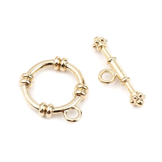 Picture of 5 Sets Zinc Based Alloy Toggle Clasps Circle Ring 16K Gold Color 28x9mm 23x19mm