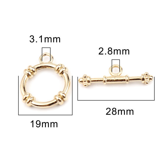Picture of Zinc Based Alloy Toggle Clasps Circle Ring 16K Gold Color 28x9mm 23x19mm, 5 Sets