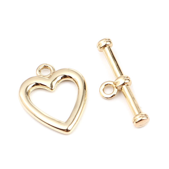 Picture of Zinc Based Alloy Toggle Clasps Heart 16K Gold Color 22x7mm 18x15mm, 10 Sets