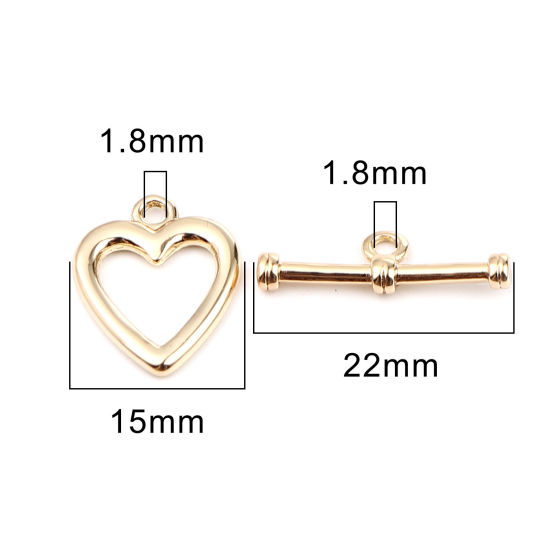 Picture of Zinc Based Alloy Toggle Clasps Heart 16K Gold Color 22x7mm 18x15mm, 10 Sets