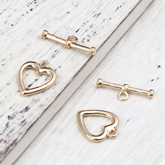 Picture of 10 Sets Zinc Based Alloy Toggle Clasps Heart 16K Gold Color 22x7mm 18x15mm