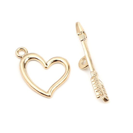 Picture of Zinc Based Alloy Toggle Clasps Bow And Arrow Heart 16K Gold Color 36x7mm 21x21mm, 5 Sets