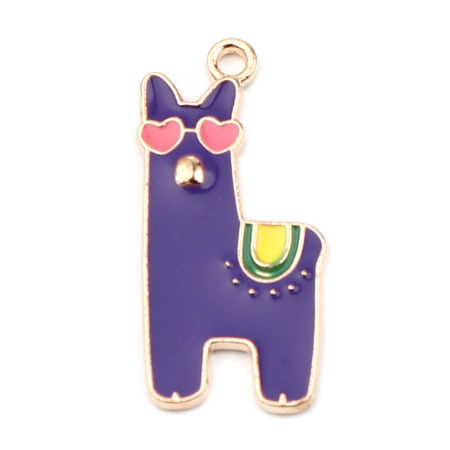 Picture of Zinc Based Alloy Charms Alpaca Animal Gold Plated Dark Blue Enamel 28mm x 13mm, 10 PCs