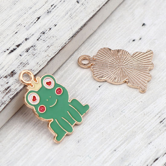 Picture of Zinc Based Alloy Charms Frog Animal Gold Plated Green Enamel 24mm x 17mm, 10 PCs