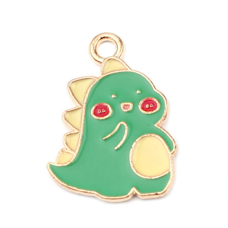 Picture of Zinc Based Alloy Charms Dinosaur Animal Gold Plated Green & Yellow Enamel 24mm x 17mm, 10 PCs