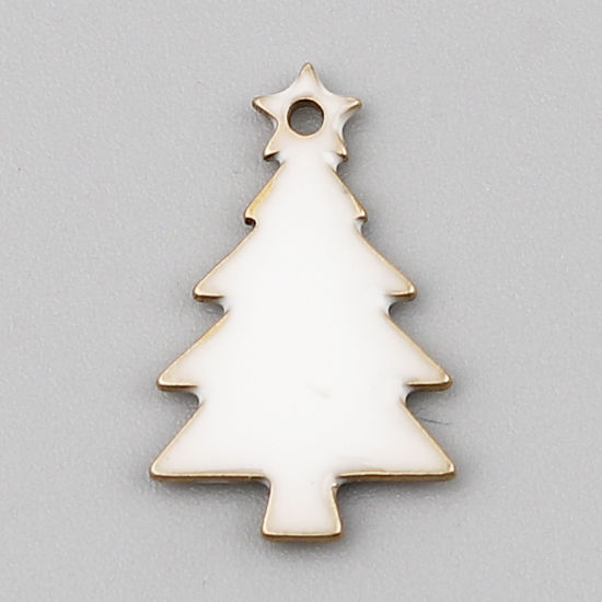 Bild von Messing Emaillierte Pailletten Charms Weihnachten Weihnachtsbaum Messingfarbe Weiß 14mm x 7mm, 10 Stück