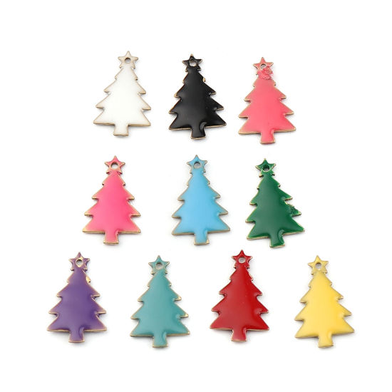 Bild von Messing Emaillierte Pailletten Charms Weihnachten Weihnachtsbaum Messingfarbe Weiß 14mm x 7mm, 10 Stück