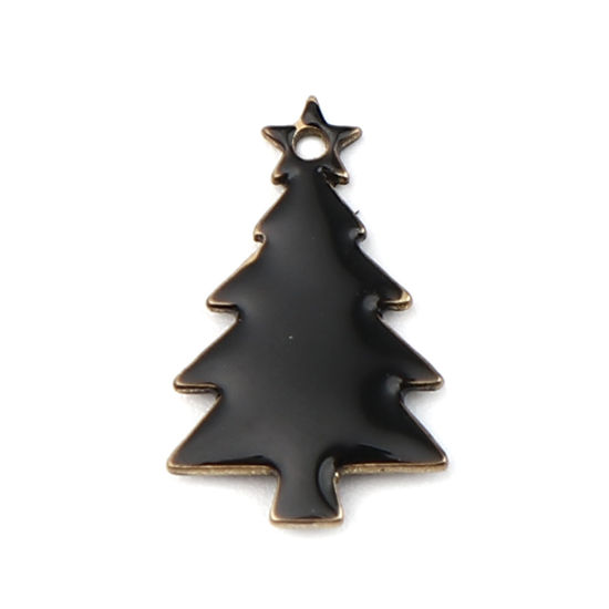 Bild von Messing Emaillierte Pailletten Charms Weihnachten Weihnachtsbaum Messingfarbe Schwarz 14mm x 7mm, 10 Stück