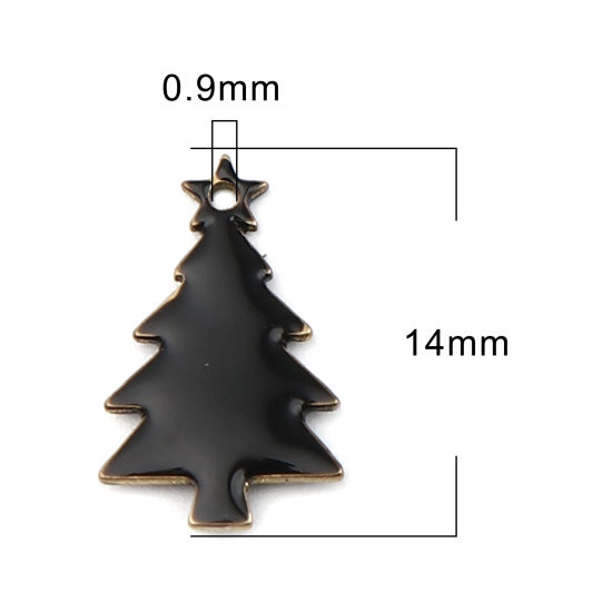 Bild von Messing Emaillierte Pailletten Charms Weihnachten Weihnachtsbaum Messingfarbe Schwarz 14mm x 7mm, 10 Stück