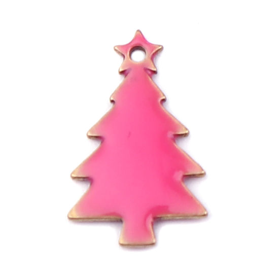 Bild von Messing Emaillierte Pailletten Charms Weihnachten Weihnachtsbaum Messingfarbe Fuchsie 14mm x 7mm, 10 Stück