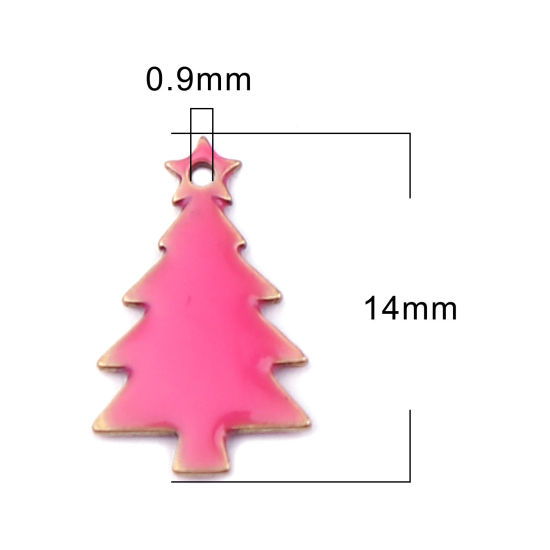 Bild von Messing Emaillierte Pailletten Charms Weihnachten Weihnachtsbaum Messingfarbe Fuchsie 14mm x 7mm, 10 Stück