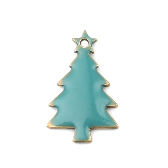 Bild von Messing Emaillierte Pailletten Charms Weihnachten Weihnachtsbaum Messingfarbe Azurblau 14mm x 7mm, 10 Stück