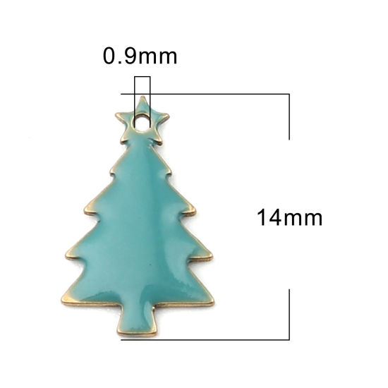 Bild von Messing Emaillierte Pailletten Charms Weihnachten Weihnachtsbaum Messingfarbe Azurblau 14mm x 7mm, 10 Stück