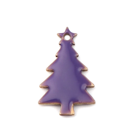 Bild von Messing Emaillierte Pailletten Charms Weihnachten Weihnachtsbaum Messingfarbe Lila 14mm x 7mm, 10 Stück