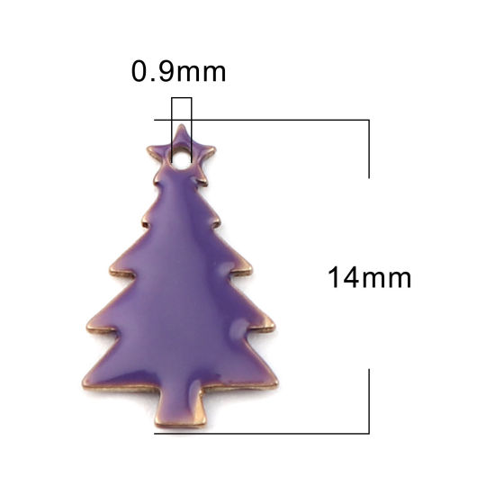 Bild von Messing Emaillierte Pailletten Charms Weihnachten Weihnachtsbaum Messingfarbe Lila 14mm x 7mm, 10 Stück