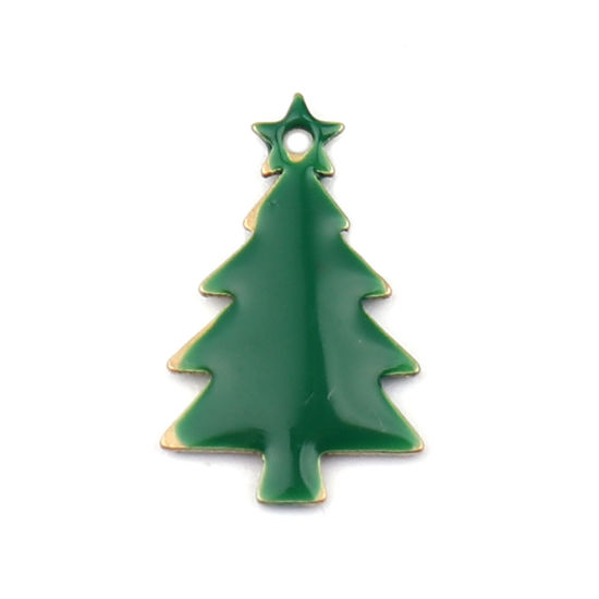 Bild von Messing Emaillierte Pailletten Charms Weihnachten Weihnachtsbaum Messingfarbe Dunkelgrün 14mm x 7mm, 10 Stück