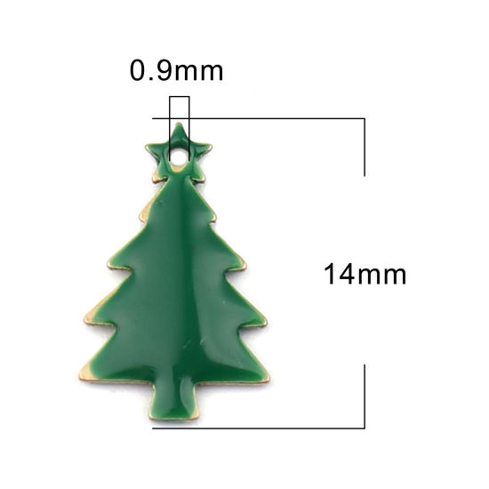 Bild von Messing Emaillierte Pailletten Charms Weihnachten Weihnachtsbaum Messingfarbe Dunkelgrün 14mm x 7mm, 10 Stück