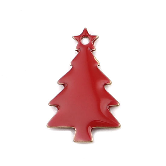 Bild von Messing Emaillierte Pailletten Charms Weihnachten Weihnachtsbaum Messingfarbe Rot 14mm x 7mm, 10 Stück