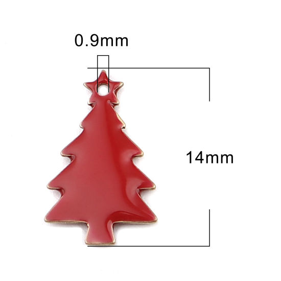 Bild von Messing Emaillierte Pailletten Charms Weihnachten Weihnachtsbaum Messingfarbe Rot 14mm x 7mm, 10 Stück