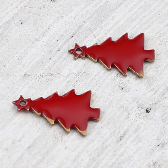 Bild von Messing Emaillierte Pailletten Charms Weihnachten Weihnachtsbaum Messingfarbe Rot 14mm x 7mm, 10 Stück