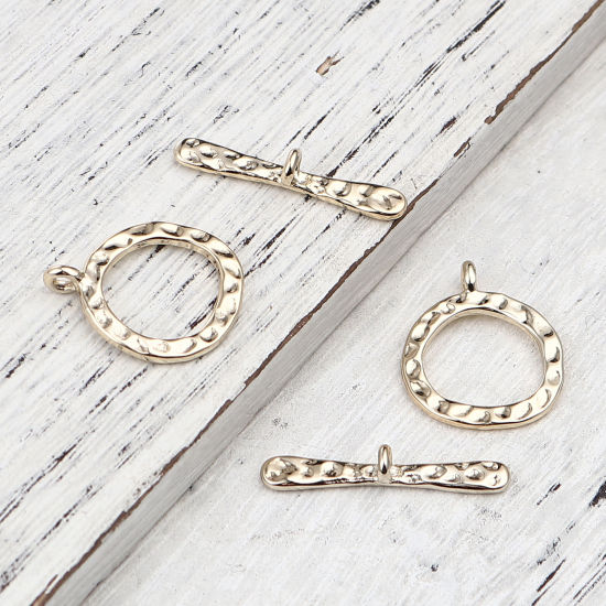 Picture of 5 Sets Zinc Based Alloy Toggle Clasps Circle Ring 16K Gold Color 29x4mm 23x19mm