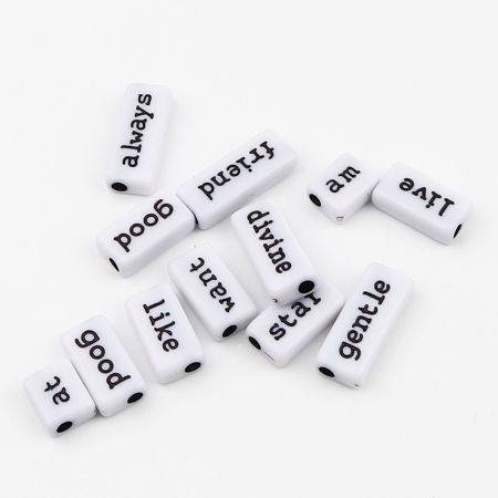 Acrylic Beads Rectangle Black & White Mixed English Vocabulary Pattern About 24mm x 10mm - 12mm x 10mm, Hole: Approx 3mm, 100 PCs