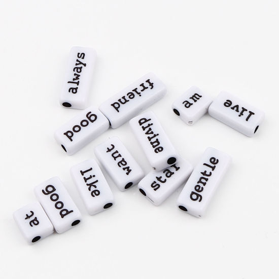Picture of Acrylic Beads Rectangle Black & White Mixed English Vocabulary Pattern About 24mm x 10mm - 12mm x 10mm, Hole: Approx 3mm, 100 PCs