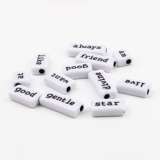 Picture of Acrylic Beads Rectangle Black & White Mixed English Vocabulary Pattern About 24mm x 10mm - 12mm x 10mm, Hole: Approx 3mm, 100 PCs