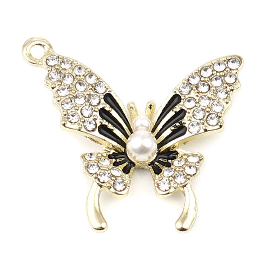 Immagine di Lega di Zinco Micro Intarsio Charms Farfalla Oro Placcato Nero & Bianco Trasparente Strass Perla Imitato Acrilico 24mm x 23mm , 3 Pz