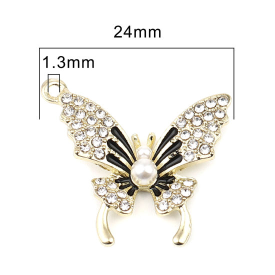 Immagine di Lega di Zinco Micro Intarsio Charms Farfalla Oro Placcato Nero & Bianco Trasparente Strass Perla Imitato Acrilico 24mm x 23mm , 3 Pz
