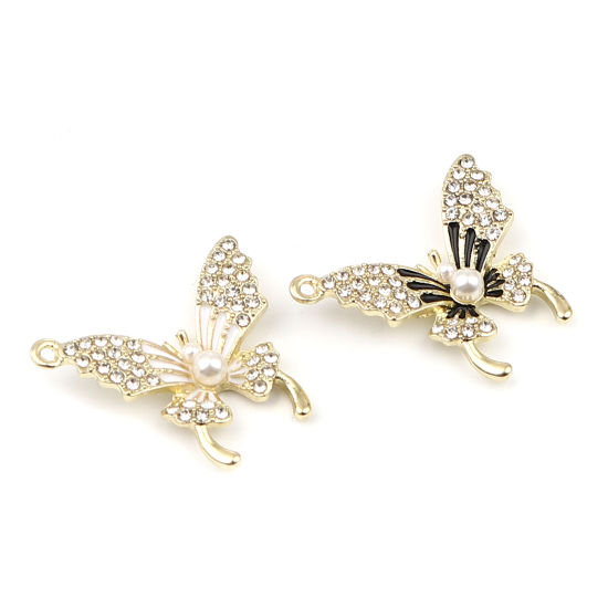 Immagine di Lega di Zinco Micro Intarsio Charms Farfalla Oro Placcato Nero & Bianco Trasparente Strass Perla Imitato Acrilico 24mm x 23mm , 3 Pz