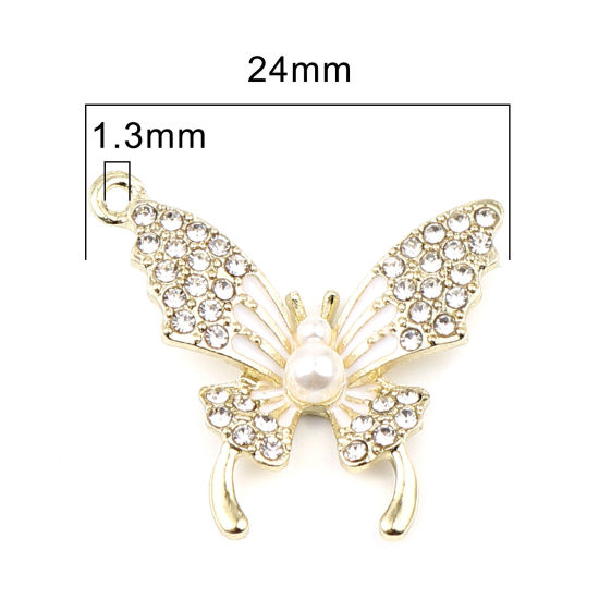 Immagine di Lega di Zinco Micro Intarsio Charms Farfalla Oro Placcato Bianco Trasparente Strass Perla Imitato Acrilico 24mm x 23mm , 3 Pz