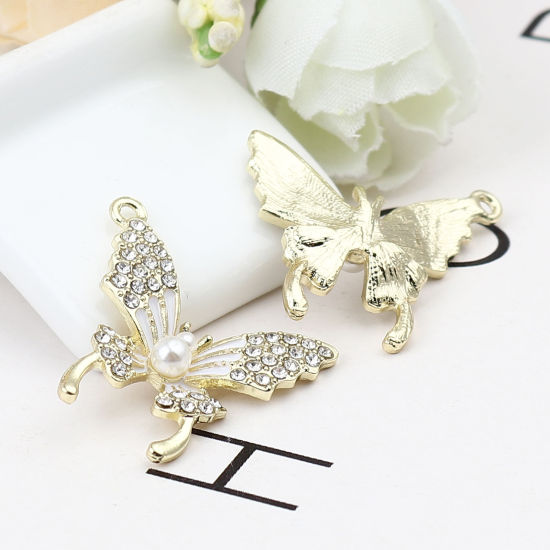 Immagine di Lega di Zinco Micro Intarsio Charms Farfalla Oro Placcato Bianco Trasparente Strass Perla Imitato Acrilico 24mm x 23mm , 3 Pz