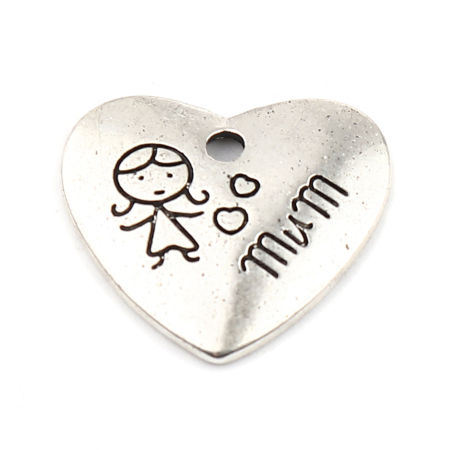 Zinc Based Alloy Family Jewelry Charms Heart Antique Silver Color Girl Message " MUM " 20mm x 18mm, 20 PCs